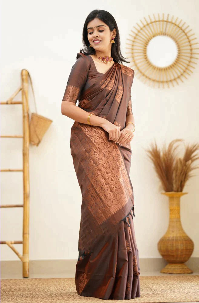 Vestigial Brown Soft Silk Saree With Confounding Blouse Piece - Colorful Saree