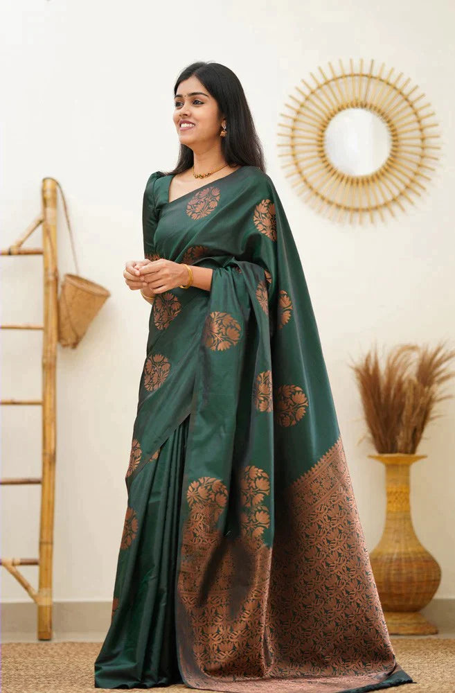 Seraglio Dark Green Soft Silk Saree With Enchanting Blouse Piece - Colorful Saree