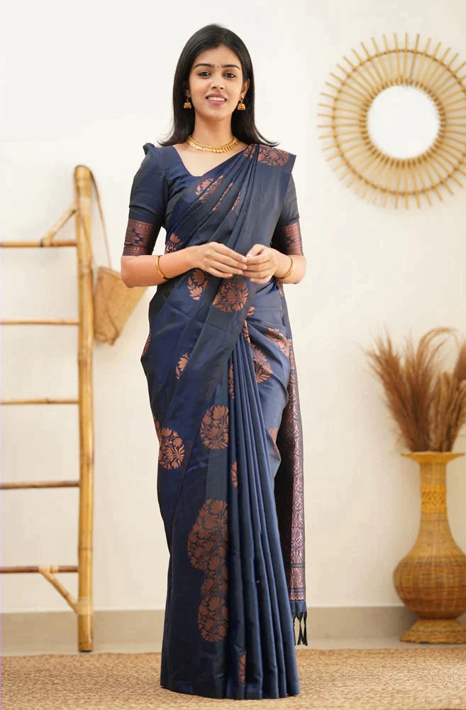 Lagniappe Navy Blue Soft Silk Saree With Engaging Blouse Piece - Colorful Saree