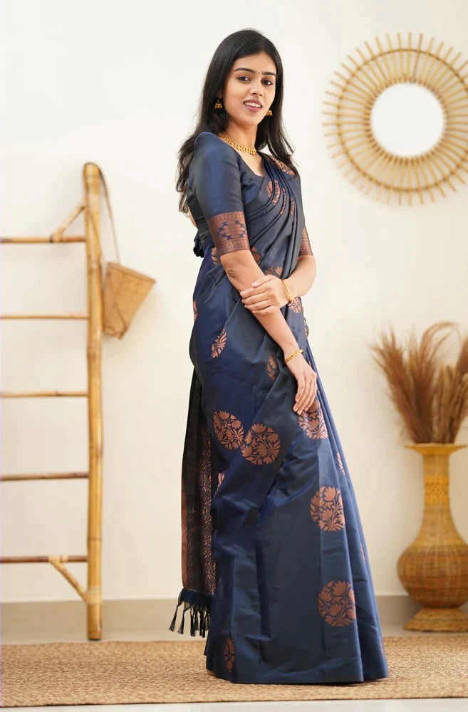 Lagniappe Navy Blue Soft Silk Saree With Engaging Blouse Piece - Colorful Saree