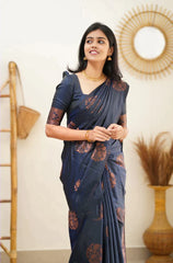 Lagniappe Navy Blue Soft Silk Saree With Engaging Blouse Piece - Colorful Saree