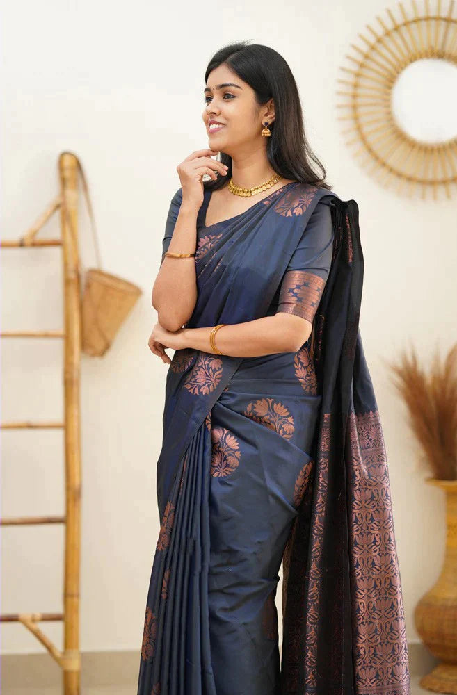 Lagniappe Navy Blue Soft Silk Saree With Engaging Blouse Piece - Colorful Saree