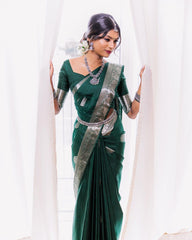 Sizzling Dark Green Soft Banarasi Silk Saree With Beautiful Blouse Piece - Colorful Saree