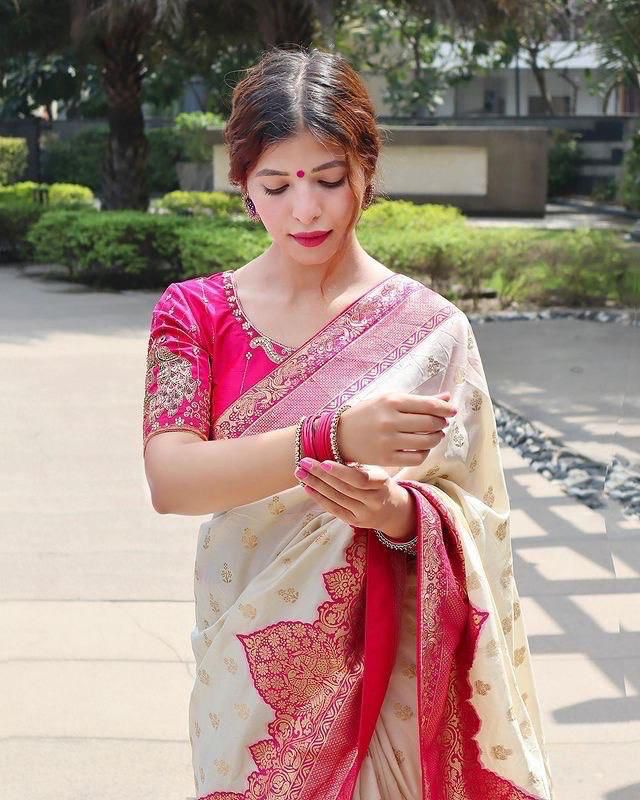 Artistic Beige Soft Silk Saree With Divine Blouse Piece - Colorful Saree