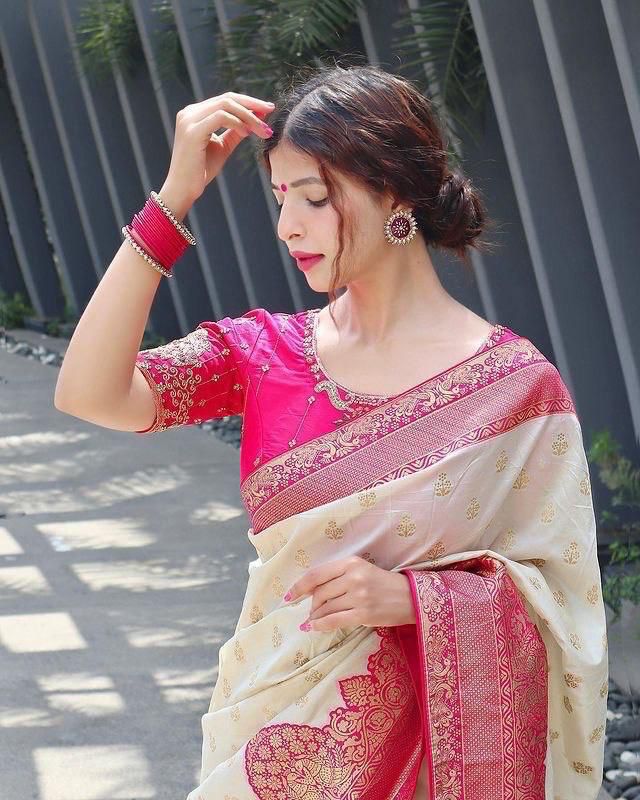 Artistic Beige Soft Silk Saree With Divine Blouse Piece - Colorful Saree