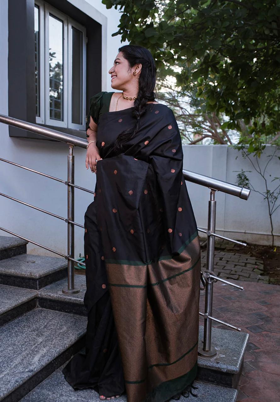 Glittering Black Soft Silk Saree With Comely Blouse Piece - Colorful Saree