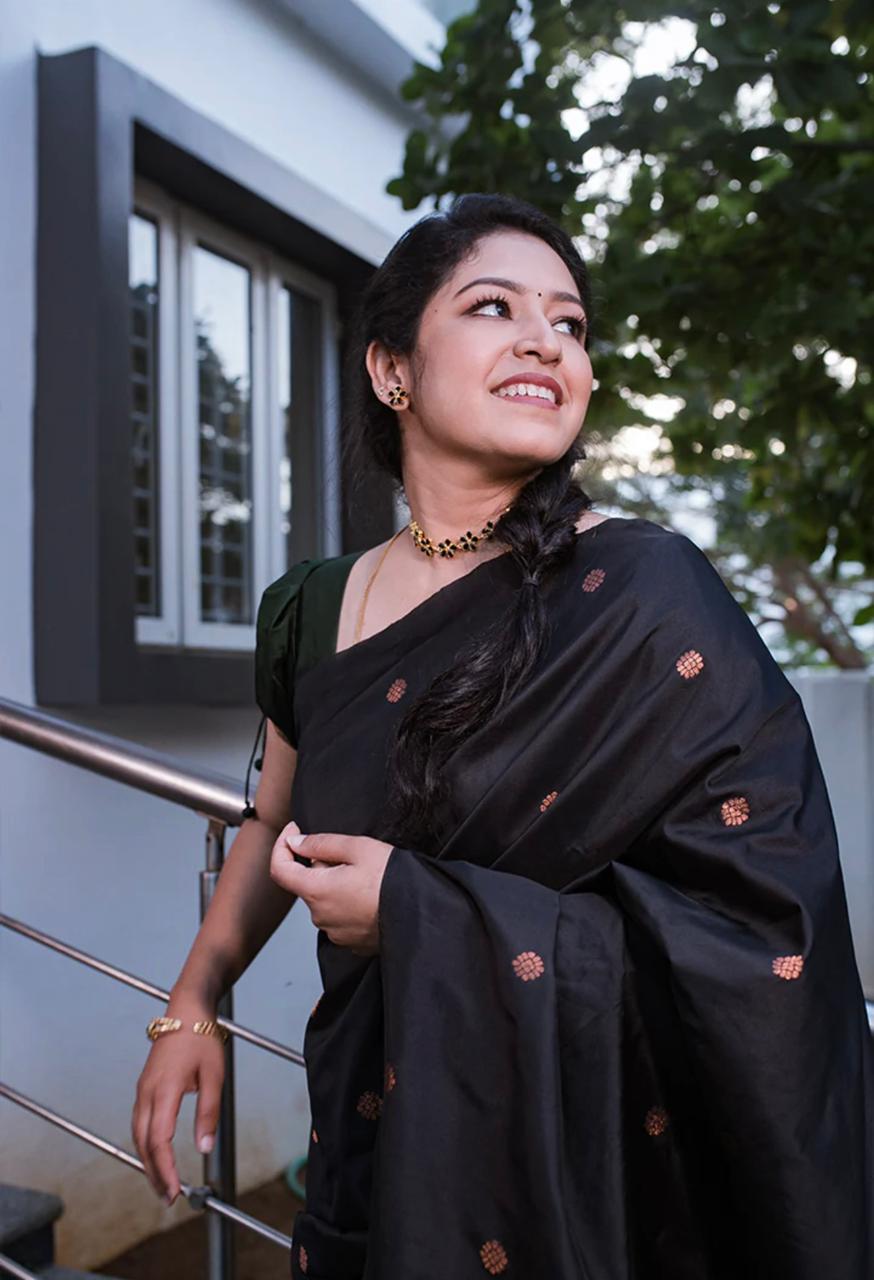 Glittering Black Soft Silk Saree With Comely Blouse Piece - Colorful Saree