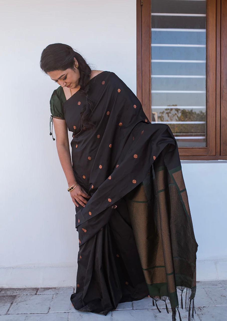 Glittering Black Soft Silk Saree With Comely Blouse Piece - Colorful Saree