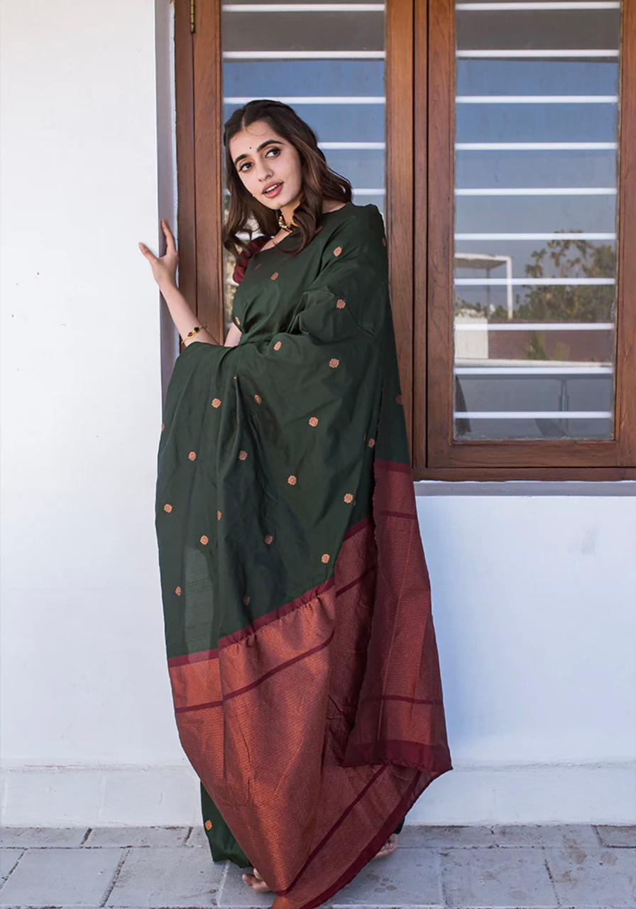 Devastating Dark Green Soft Silk Saree With Staggering Blouse Piece - Colorful Saree