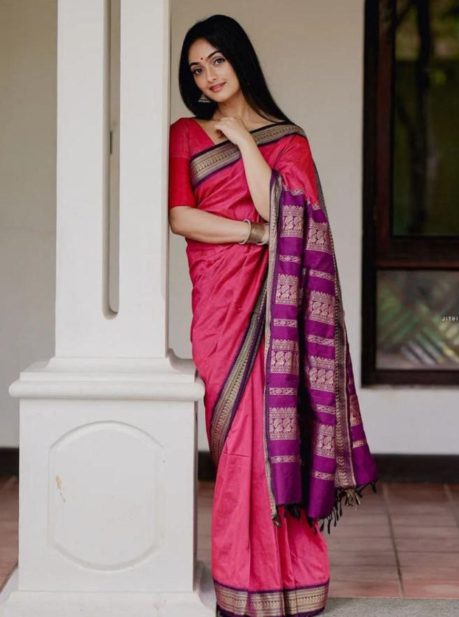 Snazzy Pink Soft Banarasi Silk Saree With Luxuriant Blouse Piece - Colorful Saree