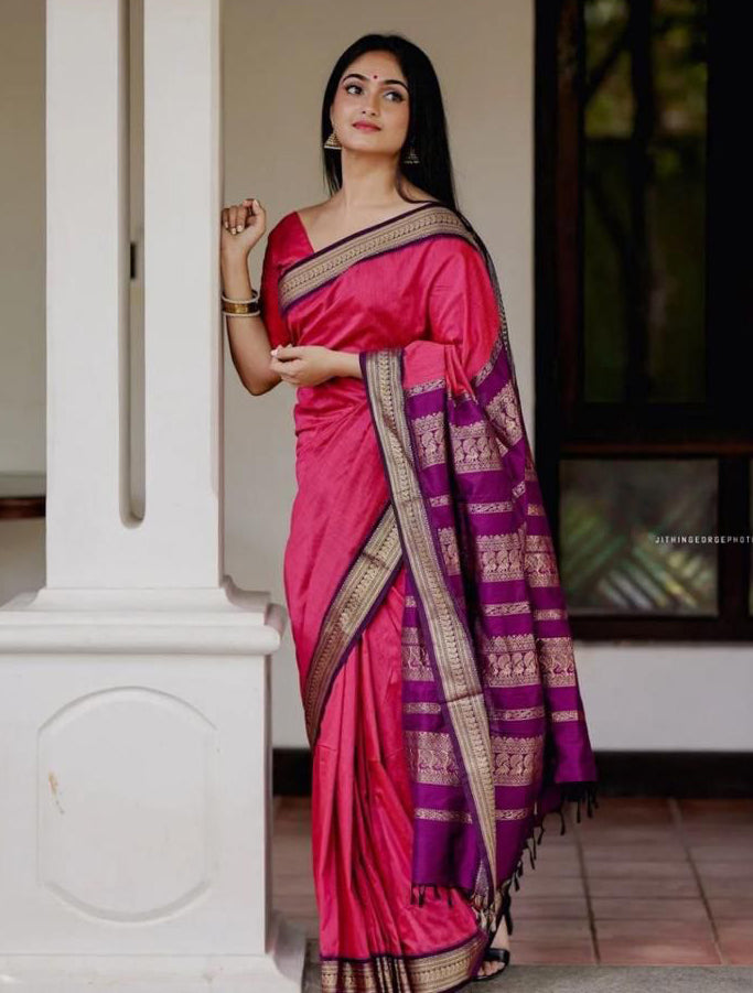 Snazzy Pink Soft Banarasi Silk Saree With Luxuriant Blouse Piece - Colorful Saree