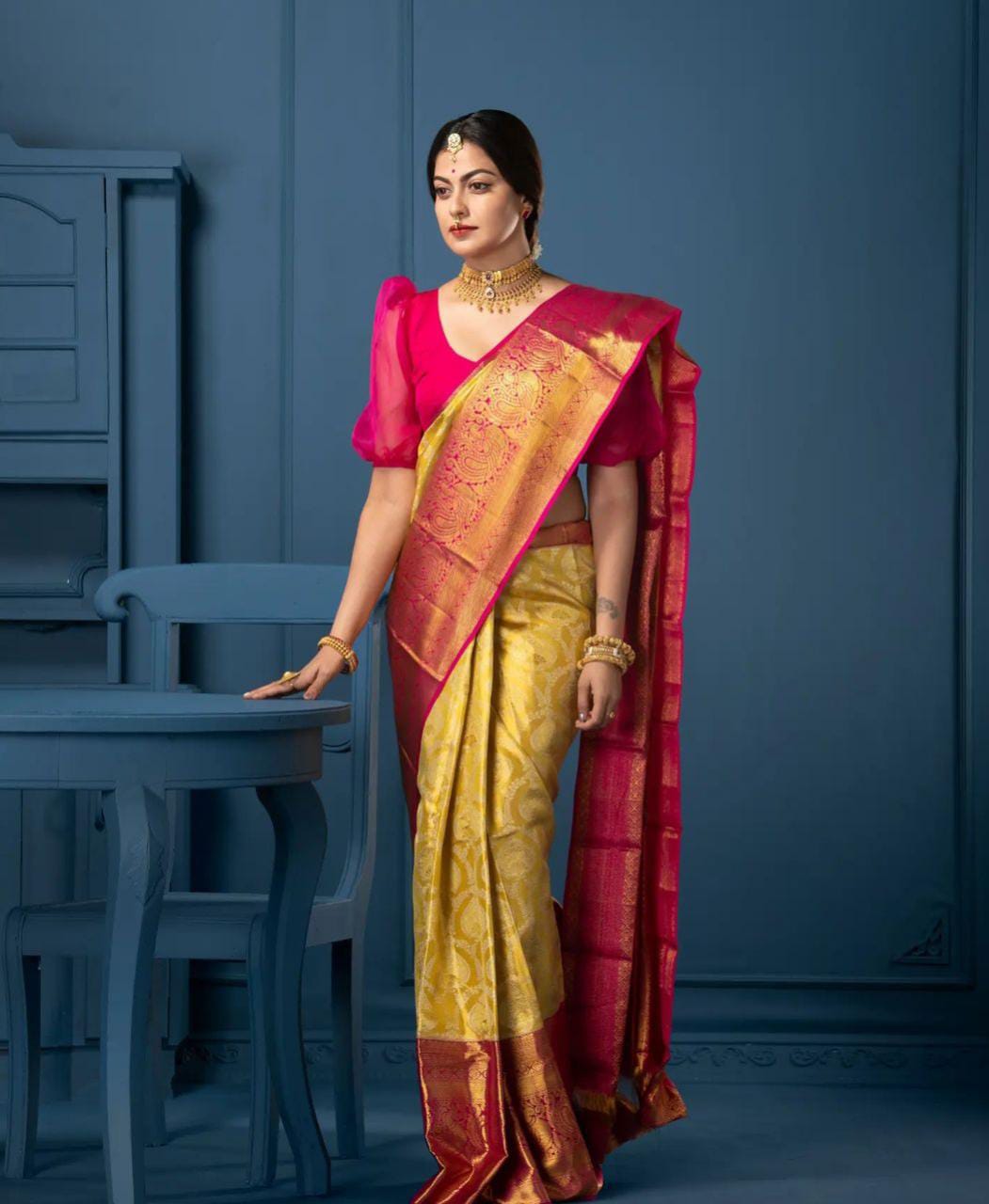 Denouement Yellow Soft Silk Saree With Glittering Blouse Piece - Colorful Saree