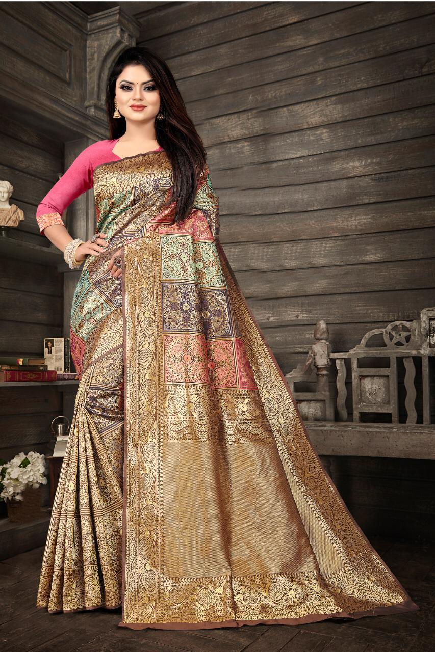 Nemesis Beige Soft Banarasi Silk Saree With Fancifull Blouse Piece - Colorful Saree