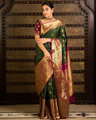 Stunner Green Soft Banarasi Silk Saree With Girlish Blouse Piece - Colorful Saree