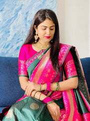 Dazzling Green Soft Banarasi Silk Saree With Ethnic Blouse Piece - Colorful Saree