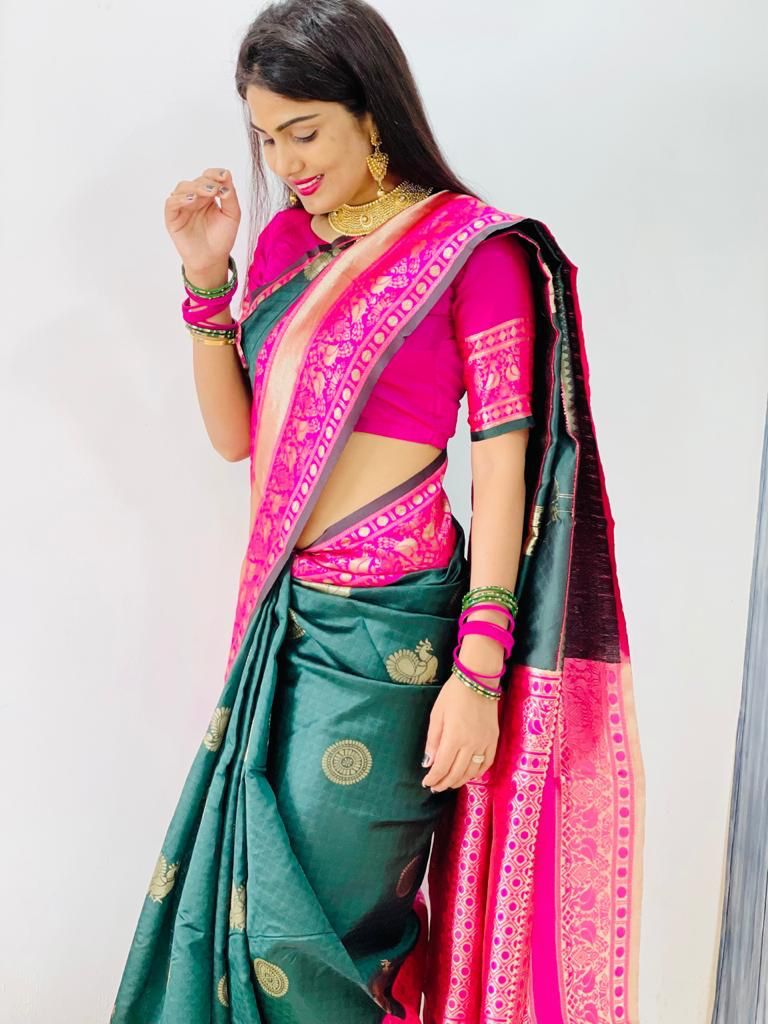Dazzling Green Soft Banarasi Silk Saree With Ethnic Blouse Piece - Colorful Saree