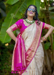 Divine Beige Soft Banarasi Silk Saree With Blooming Blouse Piece - Colorful Saree