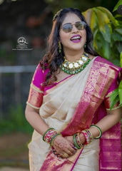 Divine Beige Soft Banarasi Silk Saree With Blooming Blouse Piece - Colorful Saree