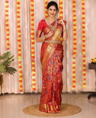 Blooming Red Soft Banarasi Silk Saree With Imbrication Blouse Piece - Colorful Saree