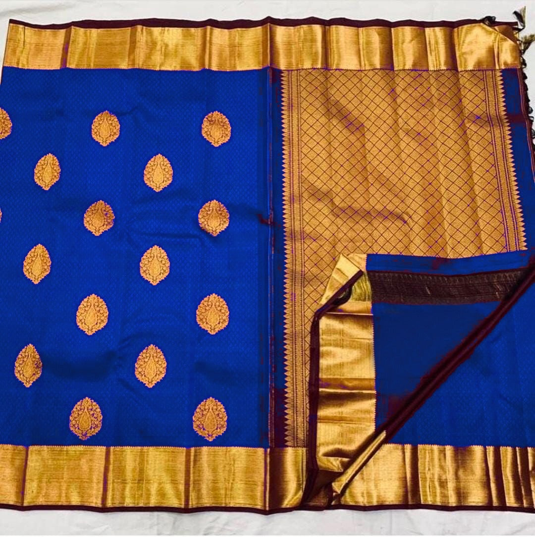 Trendy Royal Blue Soft Banarasi Silk Saree With Lissome Blouse Piece - Colorful Saree