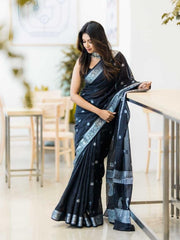 Arresting Black Soft Silk Saree With Artistic Blouse Piece - Colorful Saree