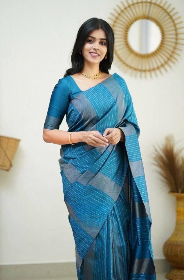 Mesmeric Firozi Soft Silk Saree With Enchanting Blouse Piece - Colorful Saree