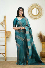 Palimpsest Rama Soft Silk Saree With Chatoyant Blouse Piece - Colorful Saree
