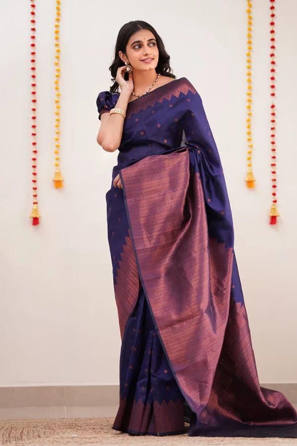 Symmetrical Navy Blue Soft Silk Saree With Jazzy Blouse Piece - Colorful Saree