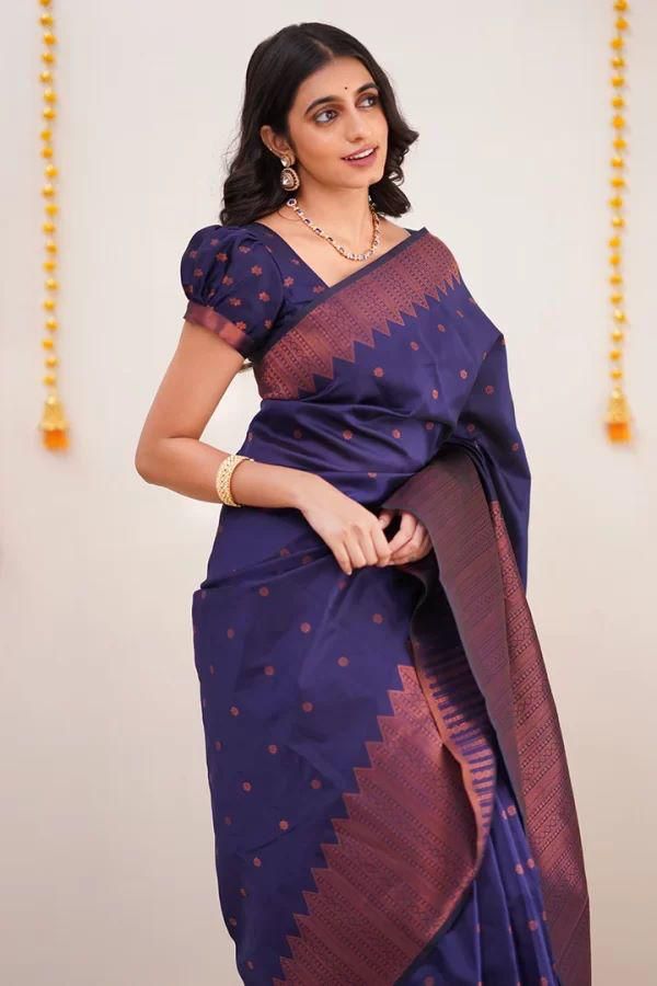 Symmetrical Navy Blue Soft Silk Saree With Jazzy Blouse Piece - Colorful Saree