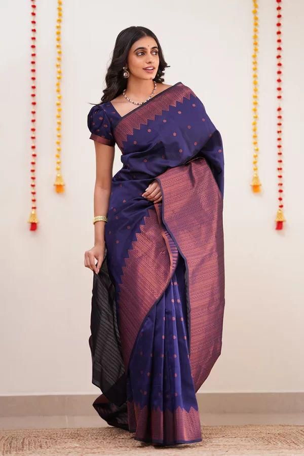 Symmetrical Navy Blue Soft Silk Saree With Jazzy Blouse Piece - Colorful Saree