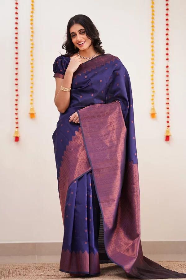 Symmetrical Navy Blue Soft Silk Saree With Jazzy Blouse Piece - Colorful Saree