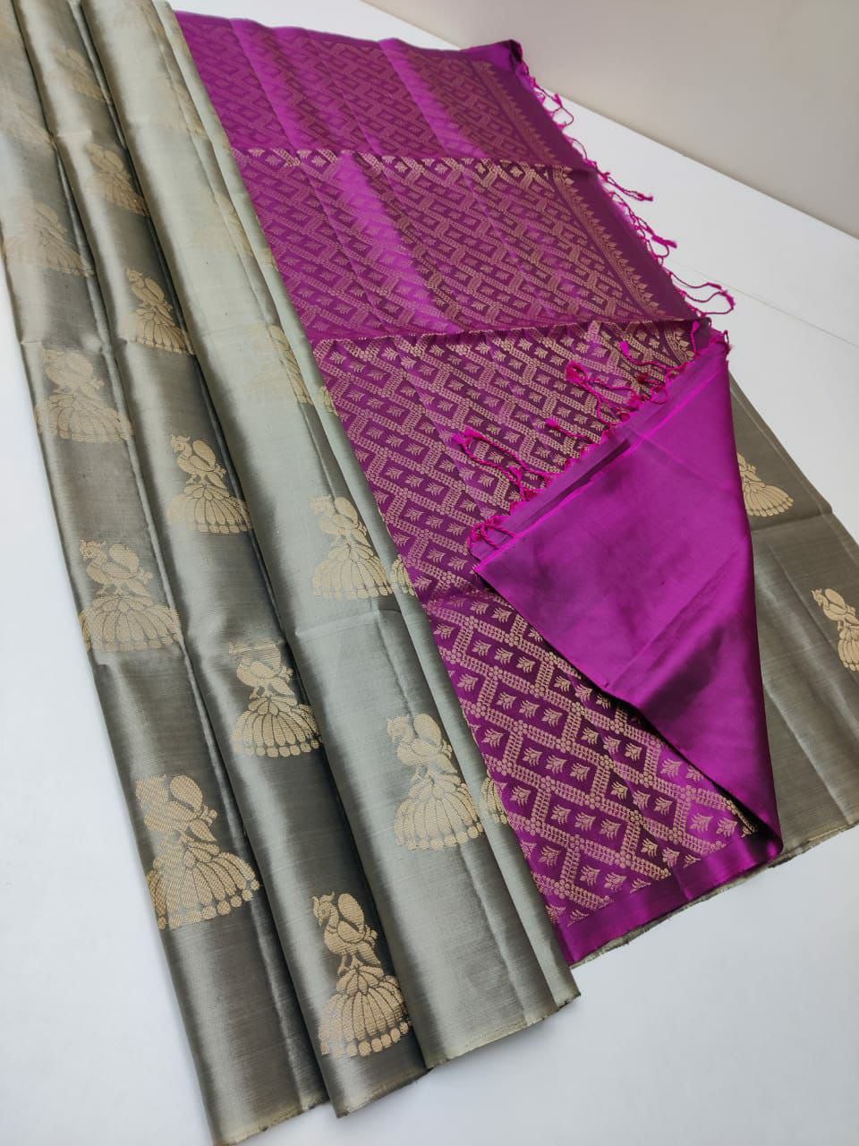 Trendy Grey Soft Silk Saree With Amazing Blouse Piece - Colorful Saree