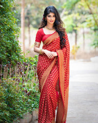 Ratatouille Red Soft Silk Saree With Unique Pink Blouse Piece - Colorful Saree