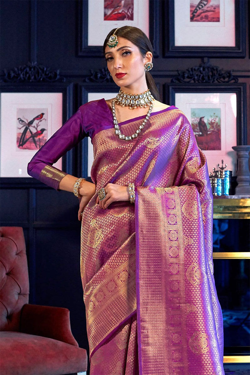 Mellifluous Purple Kanjivaram Silk Saree With Beautiful Blouse Piece - Colorful Saree