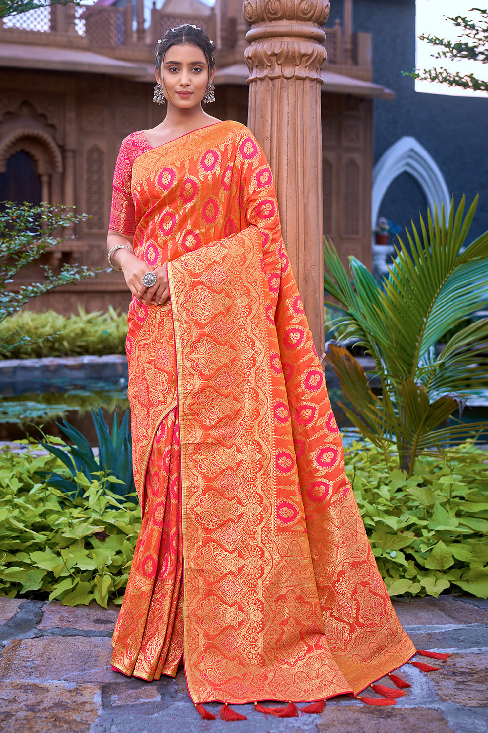 Orange Banarasi Silk Saree With Zari Weaving Work - Colorful Saree