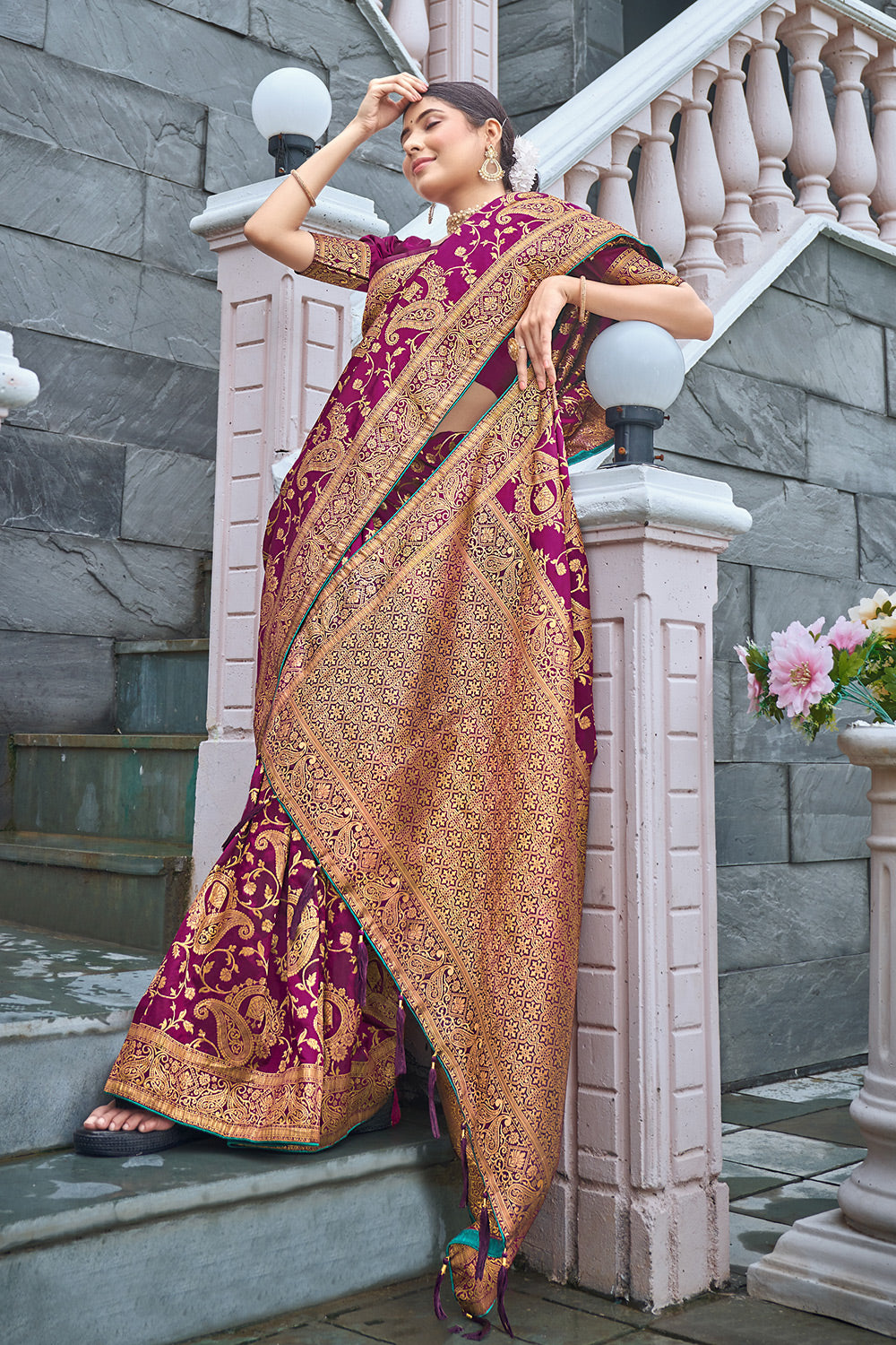 Magenta Banarasi Silk Saree With Zari Weaving - Colorful Saree