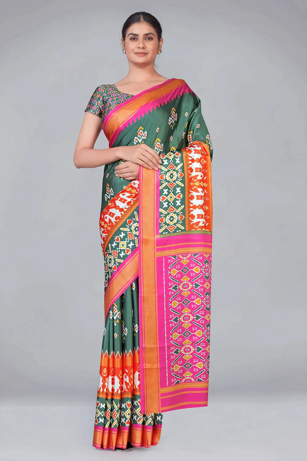 Greasy Green & Pink Patola With Digital Printed Saree - Colorful Saree