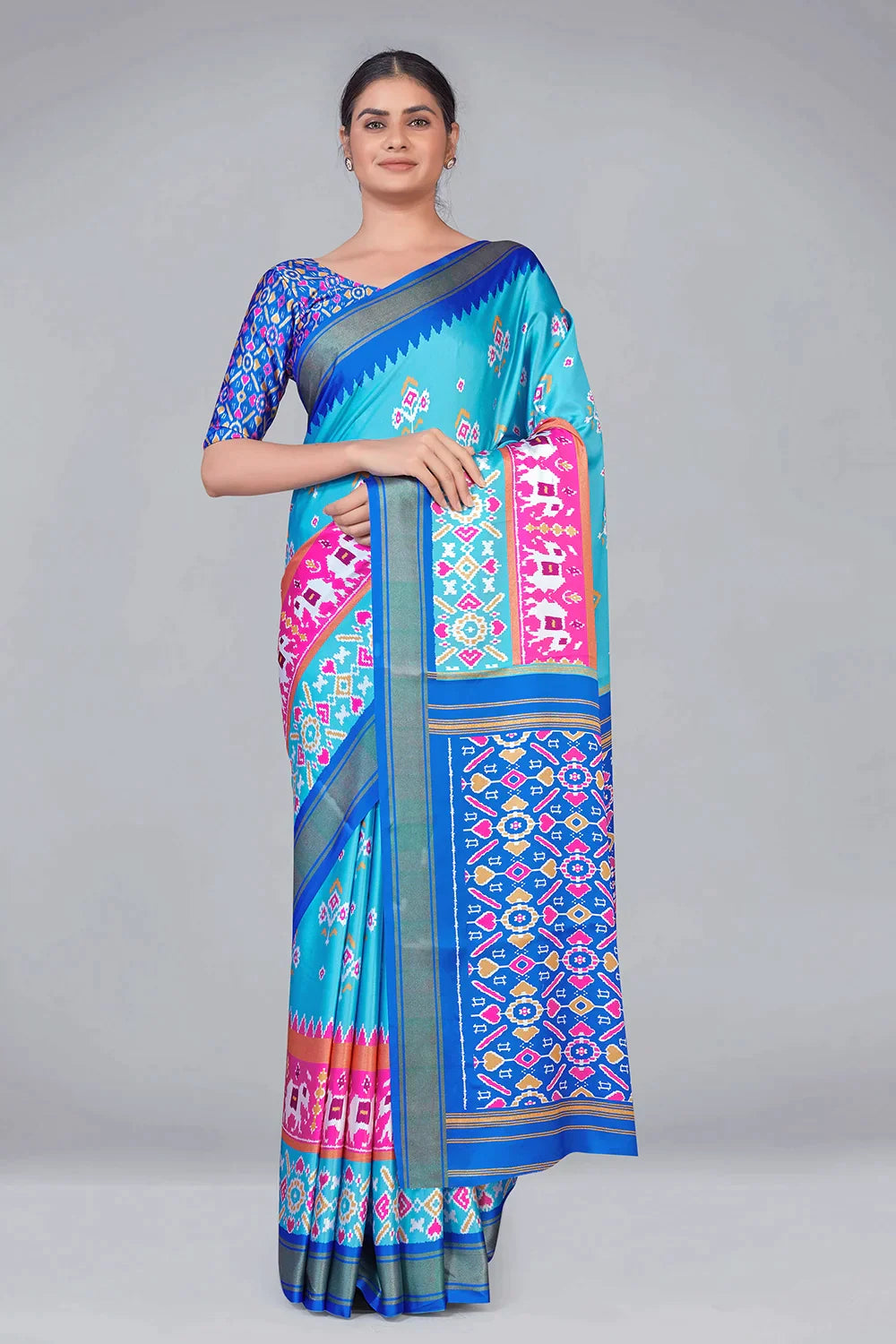 Sky Blue Patola With Digital Printed Saree - Colorful Saree