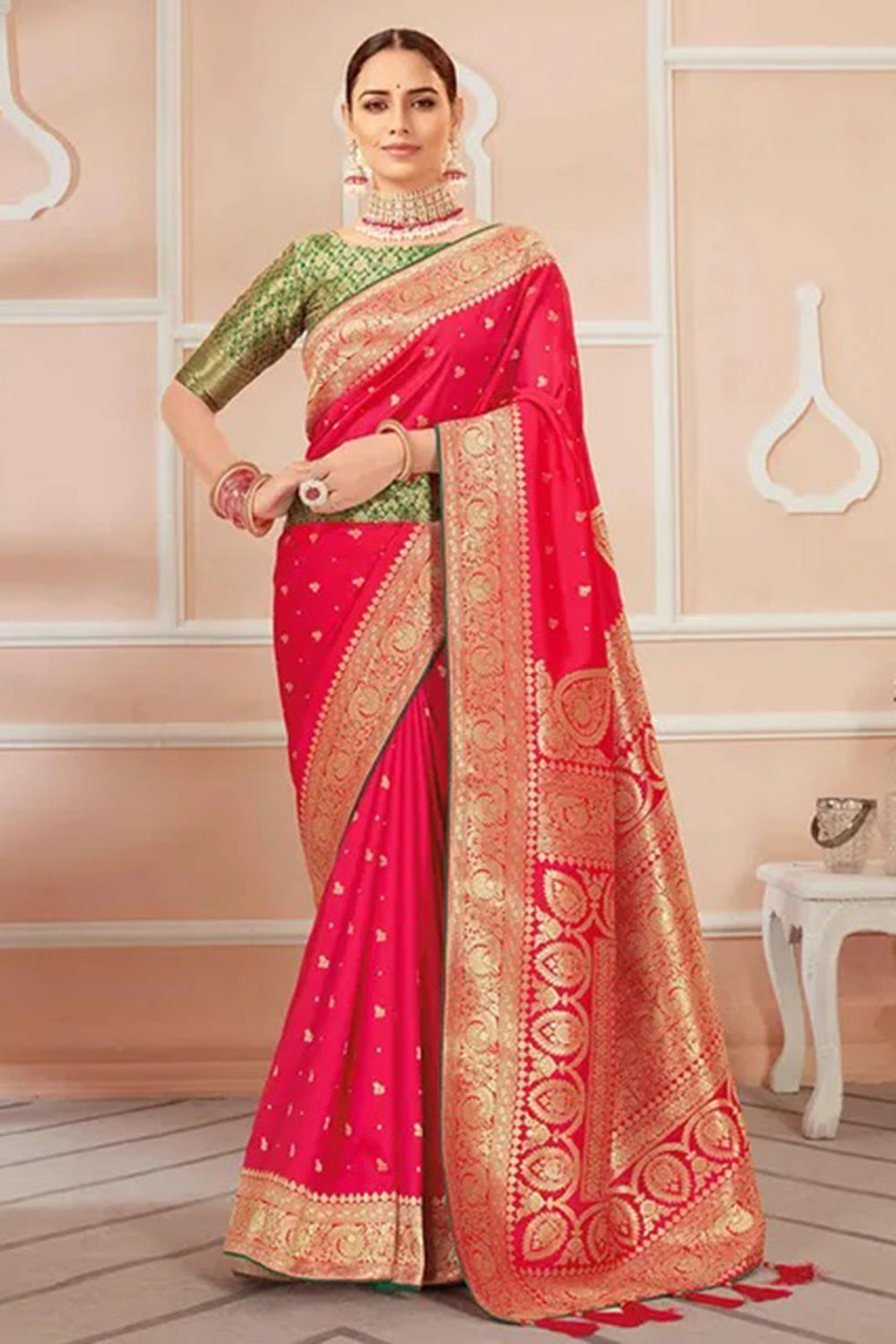 Pink Banarasi Silk Saree With Zari Weaving Work - Colorful Saree