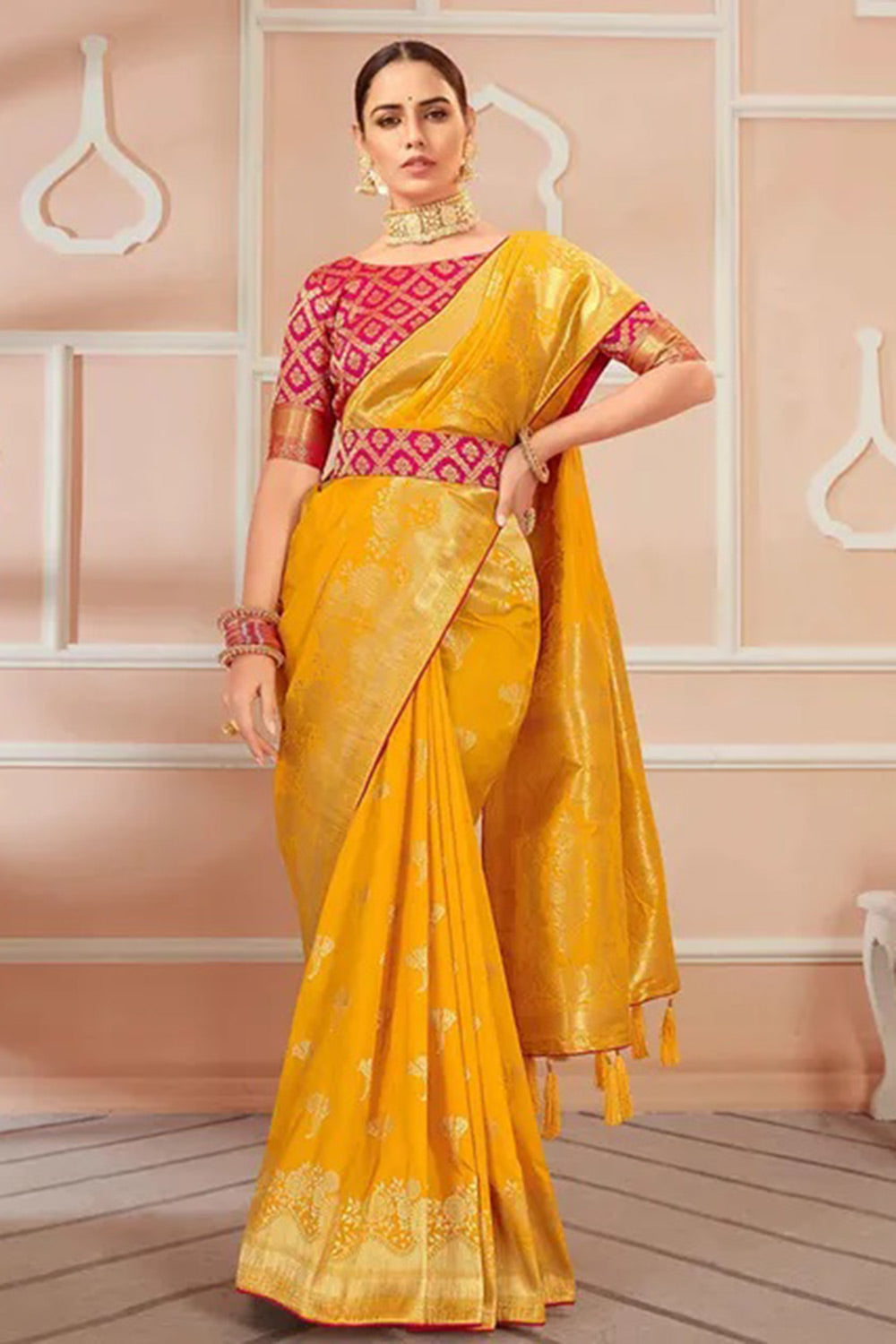 Yellow Banarasi Silk Saree With Zari Weaving Work - Colorful Saree