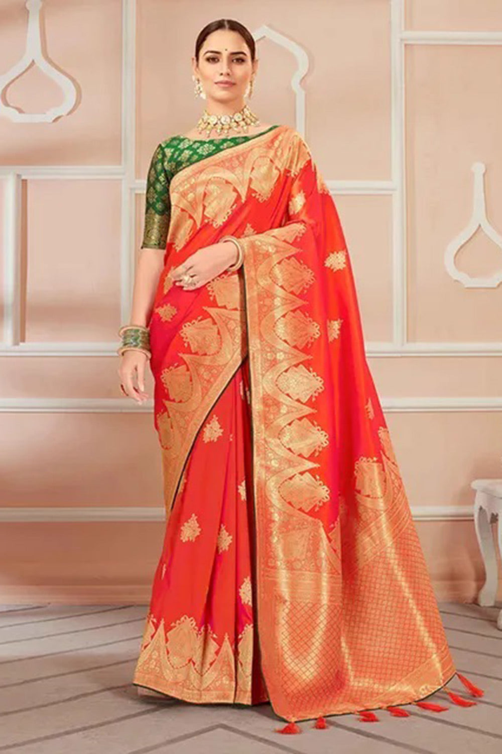 Light Orange Banarasi Silk Saree With Zari Weaving Work - Colorful Saree