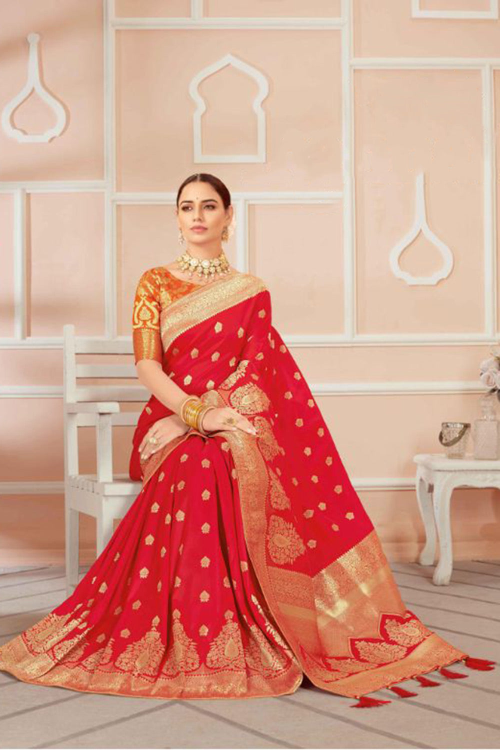 Red Banarasi Silk Saree With Zari Weaving Work - Colorful Saree