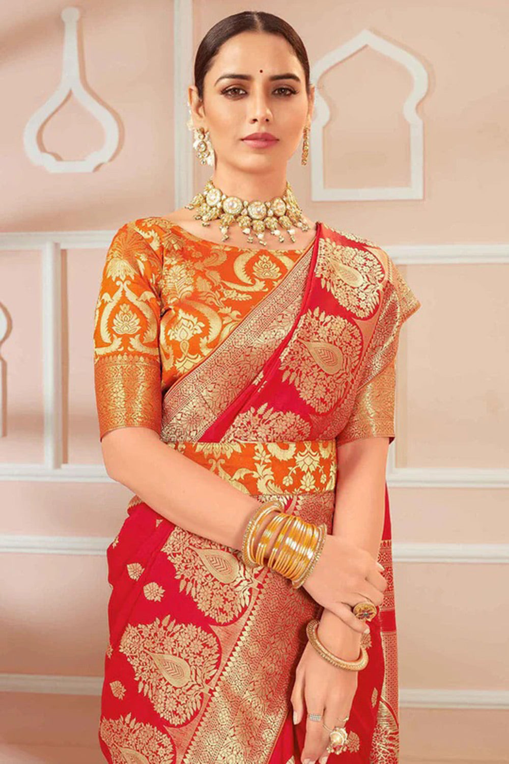 Red Banarasi Silk Saree With Zari Weaving Work - Colorful Saree