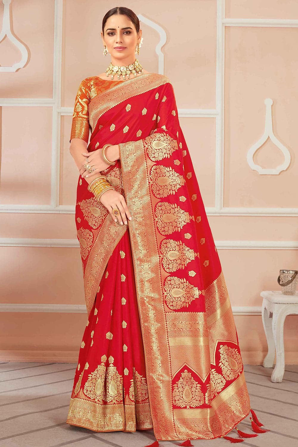 Red Banarasi Silk Saree With Zari Weaving Work - Colorful Saree