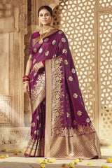 Wine Banarasi Silk Saree With Zari Weaving Work - Colorful Saree