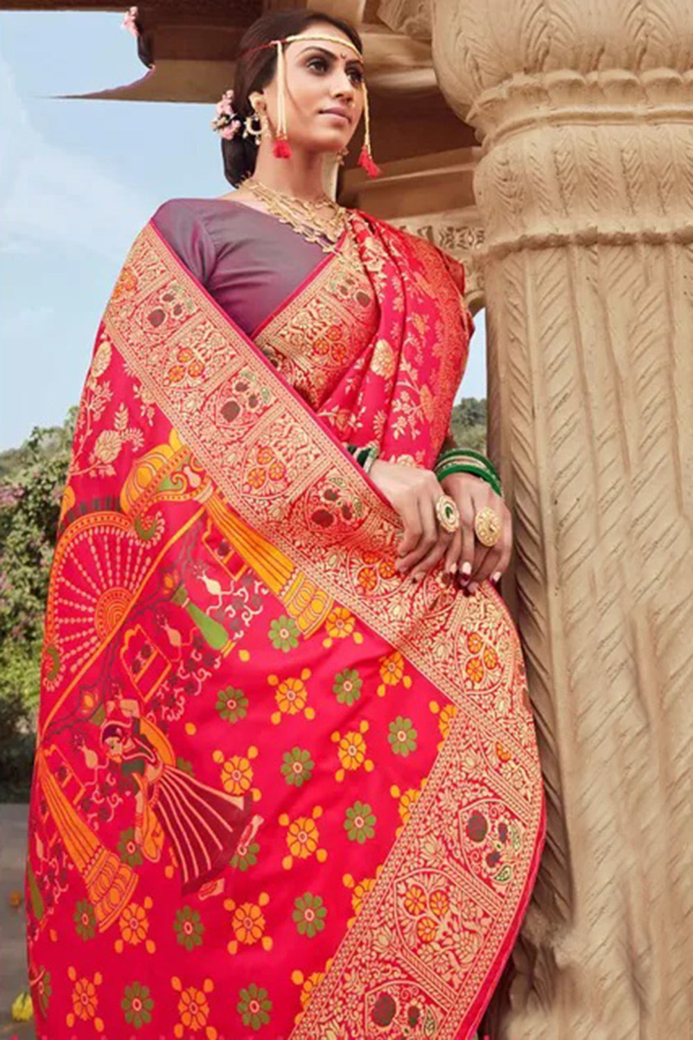 Rani Pink Banarasi Silk Saree With Zari Weaving Work - Colorful Saree