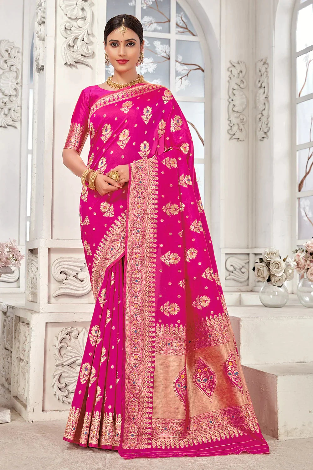 Rani Pink Banarasi Silk Saree With Zari Weaving Work - Colorful Saree