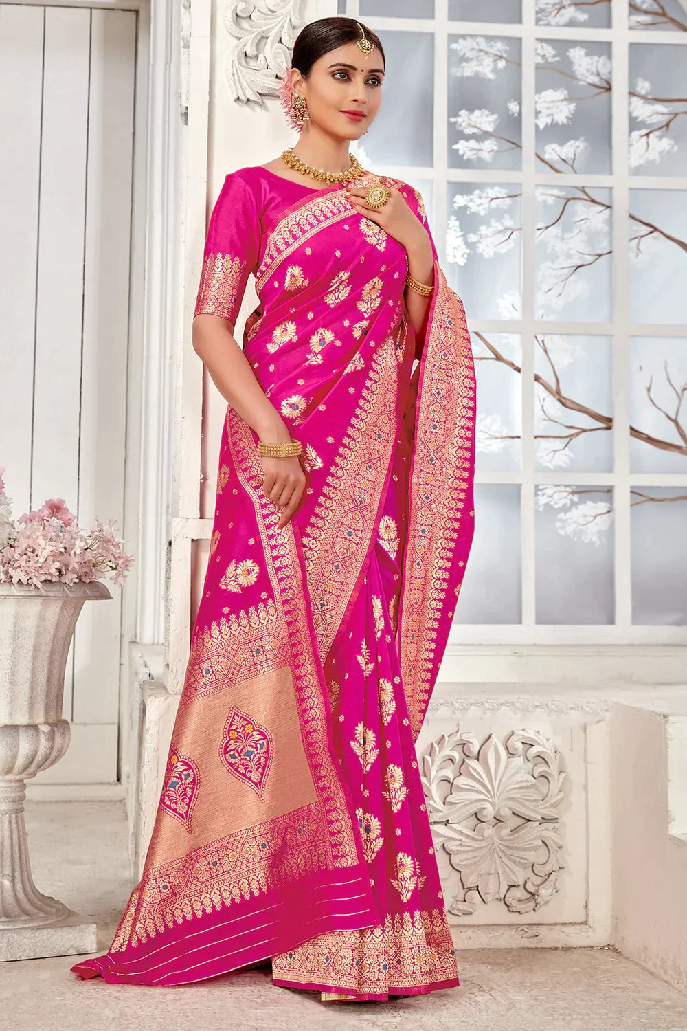 Rani Pink Banarasi Silk Saree With Zari Weaving Work - Colorful Saree