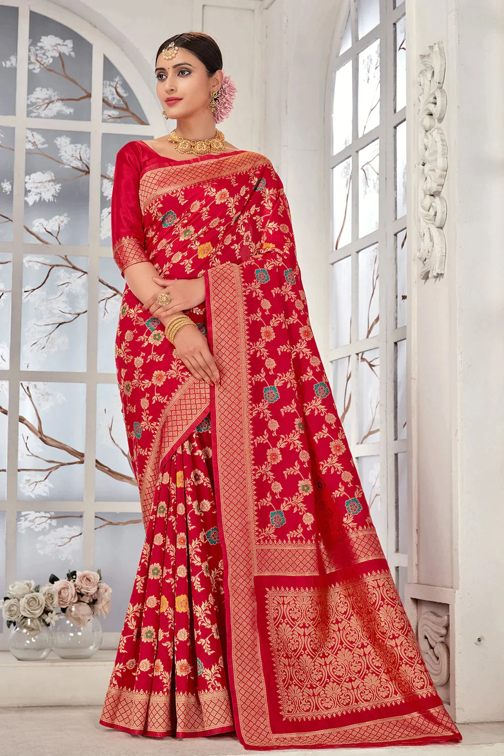 Red Banarasi Silk Saree With Zari Weaving Work - Colorful Saree