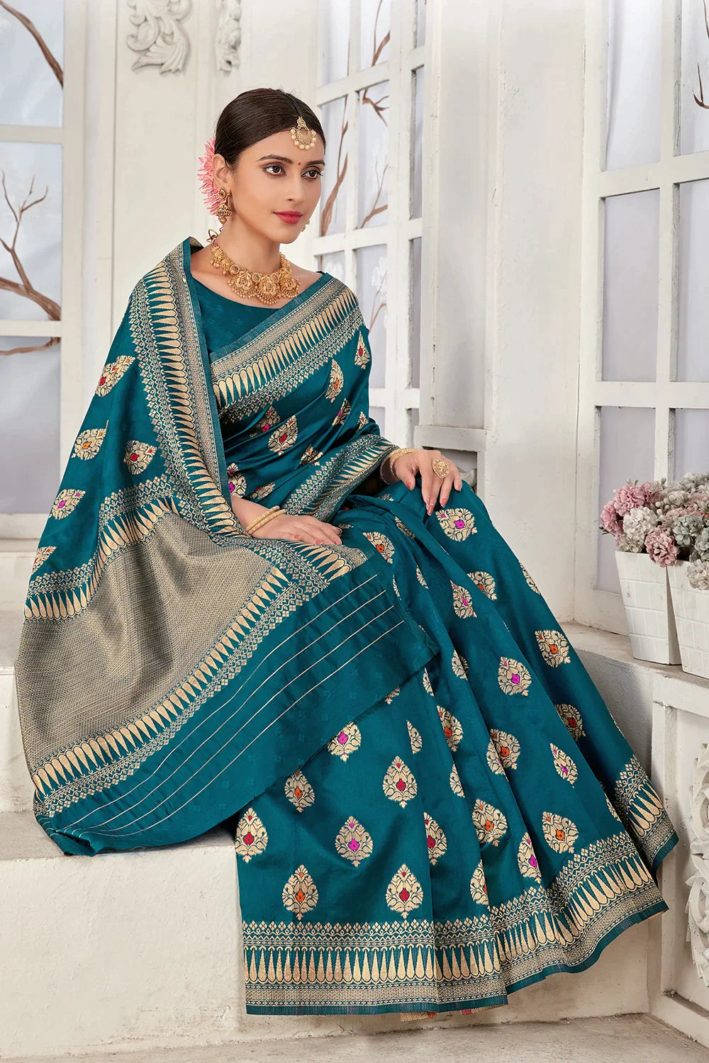 Rama Blue Banarasi Silk Saree With Zari Weaving Work - Colorful Saree